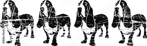 Vintage distressed basset hound dog silhouette set, grunge black and white vector illustrations
