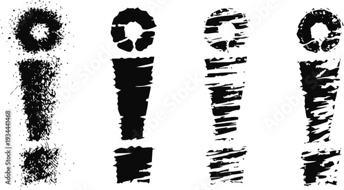 Grunge exclamation mark variations with textured distressed and brushed styles in black