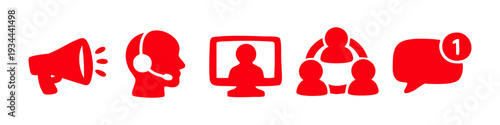 A set of five red communication and business icons featuring a megaphone, support agent, video call, team network, and notification chat bubble.