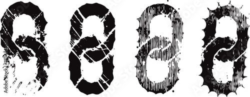 Four black and white distressed paperclip icons with different grunge textures and vertical stripes