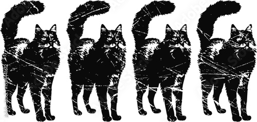 Four black cats walking with tall bushy tails, silhouette art of playful feline animals