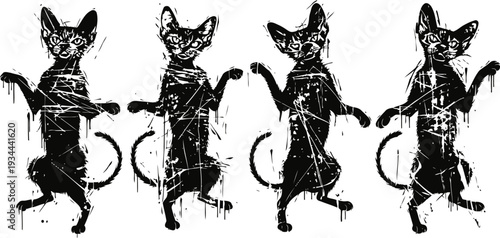four black cats silhouettes with distressed texture standing upright in a row on white background