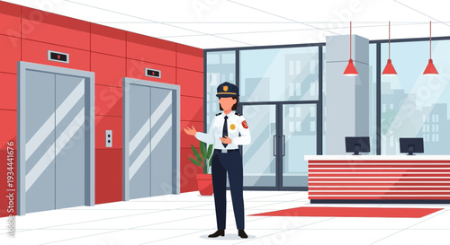 Security guard standing in modern office lobby welcoming visitors.