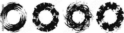 Set of four black grunge circular brush stroke frames isolated on white background