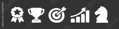 Hand-drawn white business icons on a dark background, representing success, strategy, growth, achievement, and goal setting.