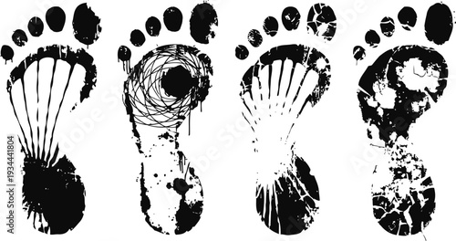 four abstract black footprints with paint splatters on white background, grunge artistic design