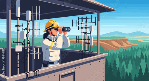 Technician Inspecting Communication Towers from Observation Booth.