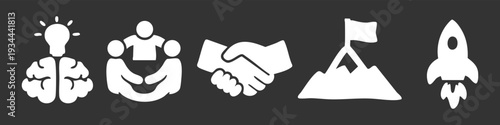 Minimalist white business icons on a dark background representing innovation, teamwork, partnership, achievement, and startup launch.