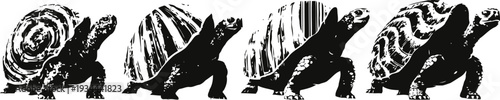 set of four vintage black and white turtle illustrations walking in a row