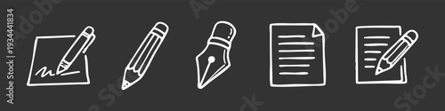 Hand-drawn white doodle icons of writing tools, pens, pencils, and documents on a dark background for office, school, and creative design projects.