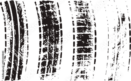 Grunge tire tracks with distressed textures vehicle rubber marks, rough imprint patterns with worn vintage effect