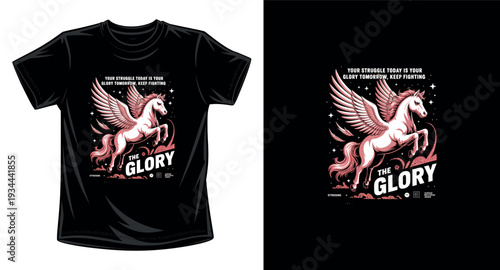 Pegasus winged horse with stars and motivational quote your struggle today is your glory tomorrow t-shirt design print template