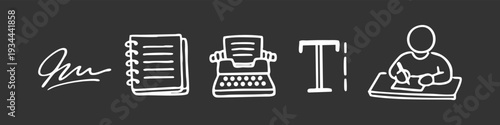 Collection of minimalist white line icons representing writing and content creation, including typewriter, notebook, and author on black background.
