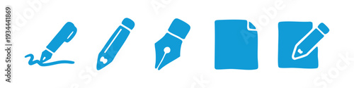 Set of blue hand-drawn writing and documentation icons, including pens, pencils, and paper, isolated on a white background.