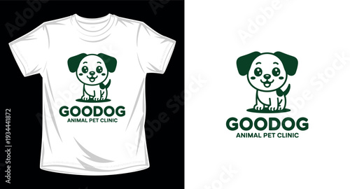 Goodog animal pet clinic logo design with cute puppy character vector illustration t-shirt design print template