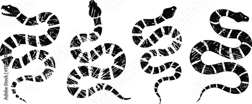 Black distressed snake silhouettes in different coiled shapes reptile serpent design elements in grunge