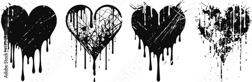 Grunge dripping black hearts set with distressed textures and worn paint effect designs