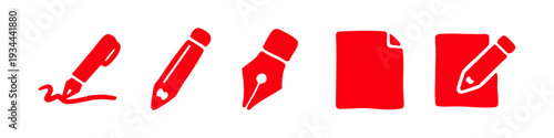 Set of red writing and editing icons including pen, pencil, nib, and paper. Flat minimalist vector illustration on white background.