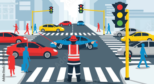 Traffic controller directing cars and pedestrians at busy intersection.