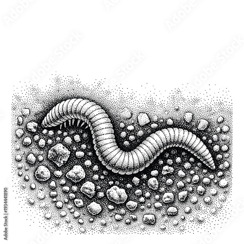 Detailed stippled illustration of an earthworm crawling through soil and small stones