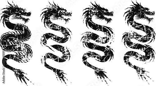 Four black grunge dragon silhouettes in vertical sequence with detailed scales and fierce faces