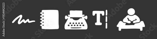 Set of white minimalist icons representing writing, journaling, and content creation, including a typewriter, notebook, and author on dark background.