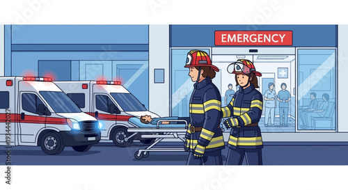 Two firefighters in uniform standing outside emergency building.