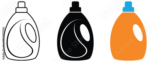 Household detergent vector illustration, colorful design showing an orange bottle with blue cap, ergonomic handle, and liquid laundry cleaner, clean and professional style for marketing and packaging 