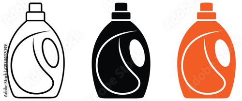 Detergent bottle with handle and cap, laundry liquid container vector illustration, featuring a blue cap and orange body, isolated on white background for household cleaning, product packaging, and 