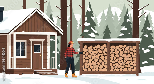 Woman Chopping Wood Next to Cabin in Snowy Forest.