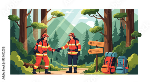 Two hikers in bright orange jackets with backpacks in a forest.