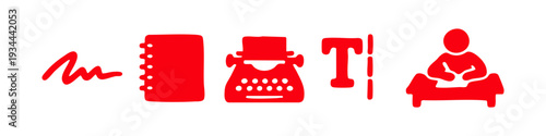 Set of red minimalist writing and journalism icons featuring a typewriter, notebook, scribble, text cursor, and author at a desk on white background.