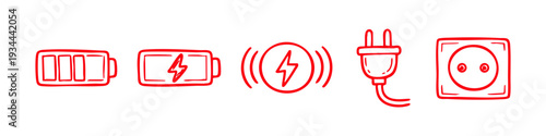 Hand-drawn red battery and electricity icons set. Includes battery level, charging, plug, and socket doodles on white background.