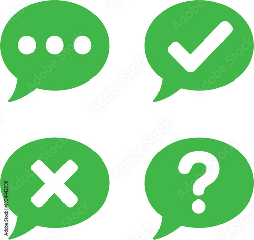 Four green speech bubbles with different symbols indicating responses or actions. Vector