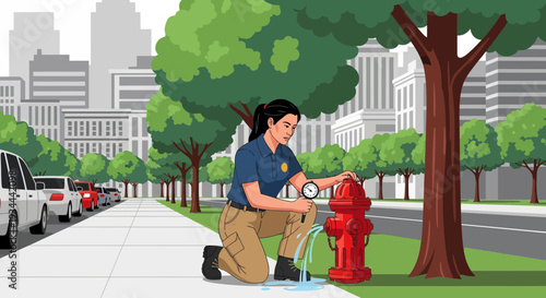 Woman inspecting a red fire hydrant on a city street.