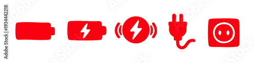 Red hand-drawn power icons set including battery status, charging indicator, lightning bolt, electric plug, and wall socket on white background.
