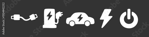 Minimalist white icons for electric vehicle charging, including an EV car, charging station, cable, lightning bolt, and power button on dark gray.