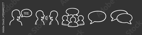 Set of hand-drawn white communication icons on a dark background, featuring talking silhouettes, group discussion, and various speech bubbles.