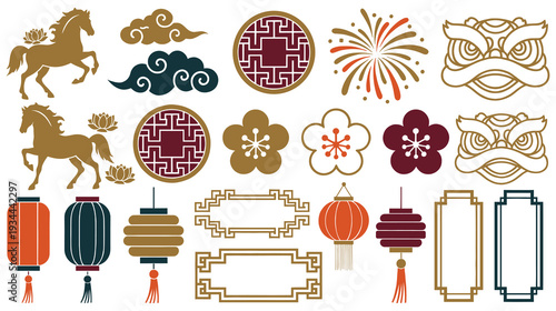 Chinese new year elements, horse, lion, lantern, clouds, flowers set