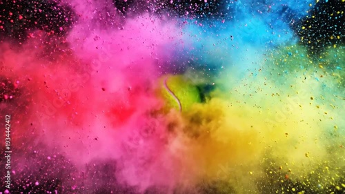 A vibrant tennis ball surrounded by a cloud of colorful powder against a dark background.