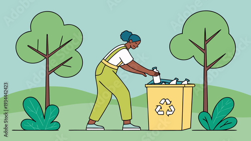 Person recycling waste in eco-friendly bin with green trees in flat design illustration for environmental awareness