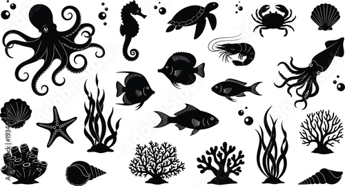 Marine life silhouette icon set featuring octopus, fish, turtle, crab, seahorse and coral isolated on white background for ocean and underwater design