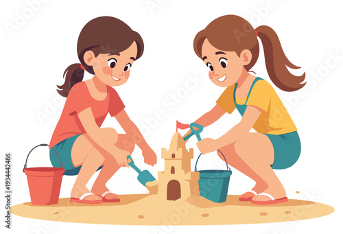 bambina sulla sabbia mentre costruisce un castello e gioca in riva al mare estate in costume da bagno vettoriale 