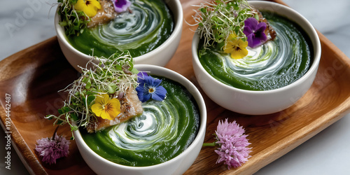 Vibrant green pea spinach and broccoli soup garnished with edible flowers micro greens, cream swirl served in white ceramic bowls.