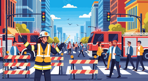 Emergency responder in safety vest directing traffic at accident scene.