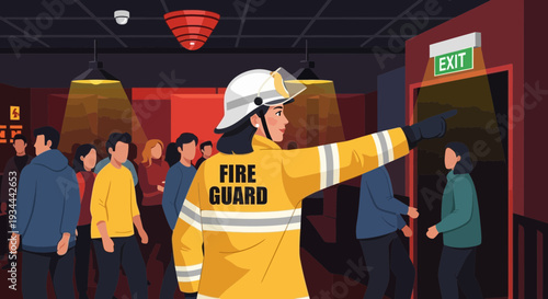 Fire Guard Directing People to Exit During Emergency.