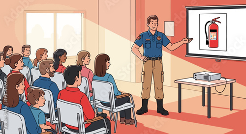 Fire safety training presentation with instructor and audience.
