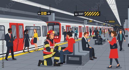 Firefighter assisting a person on a subway platform.