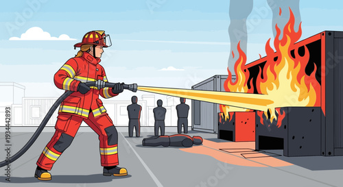 Firefighter bravely battles intense blaze with powerful water stream.