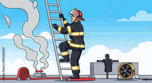 Firefighter climbing ladder during emergency response.